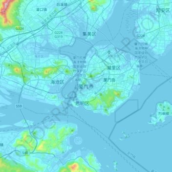 Mapa topográfico Xiamen City, altitud, relieve