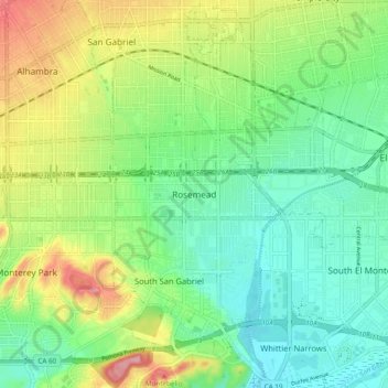 Mapa topográfico Rosemead, altitud, relieve