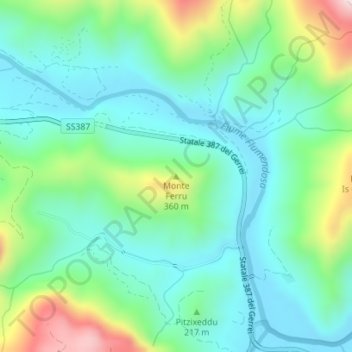 Mapa topográfico Monte Ferru, altitud, relieve