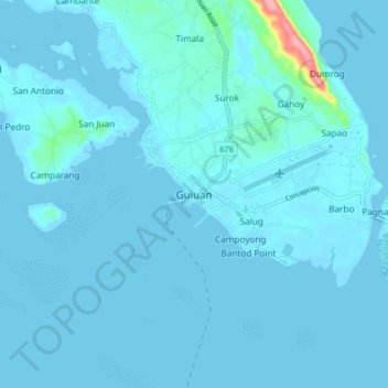 Mapa topográfico Guiuan, altitud, relieve
