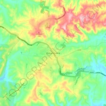 Mapa topográfico Korumburra, altitud, relieve