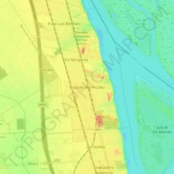 Mapa topográfico Capitán Bermúdez, altitud, relieve