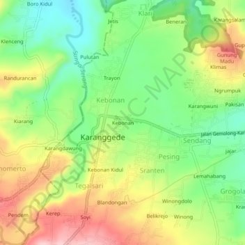 Mapa topográfico Kebonan, altitud, relieve