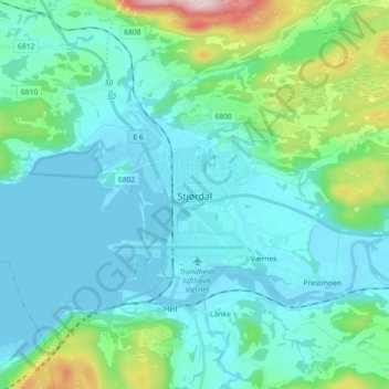 Mapa topográfico Stjørdal, altitud, relieve