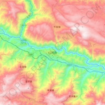 Mapa topográfico 红河县, altitud, relieve