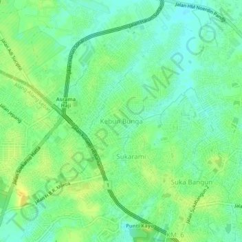Mapa topográfico Kebun Bunga, altitud, relieve