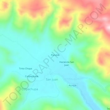Mapa topográfico Pucuna, altitud, relieve