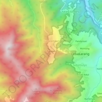 Mapa topográfico Totogan, altitud, relieve