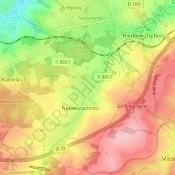 Mapa topográfico Oberwürschnitz, altitud, relieve
