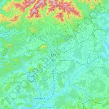 Mapa topográfico Belfort, altitud, relieve