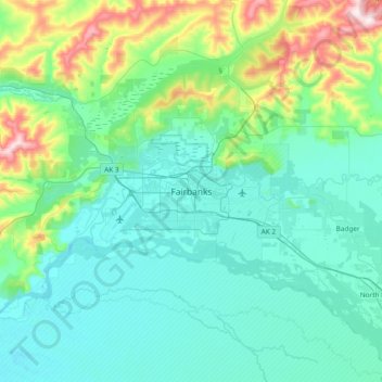 Mapa topográfico Fairbanks, altitud, relieve