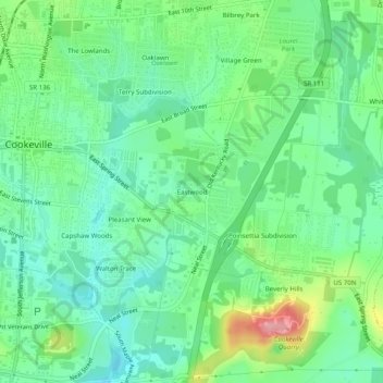 Mapa topográfico Eastwood, altitud, relieve
