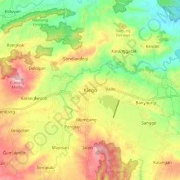 Mapa topográfico Klego, altitud, relieve