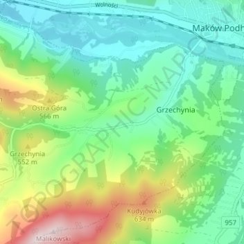 Mapa topográfico Grzechynia Dolna, altitud, relieve