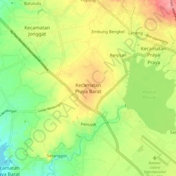 Mapa topográfico Kecamatan Praya Barat, altitud, relieve