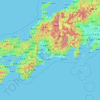 Mapa topográfico 愛知県, altitud, relieve