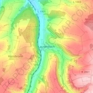 Mapa topográfico Laudenbach, altitud, relieve
