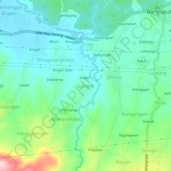 Mapa topográfico Gandok, altitud, relieve