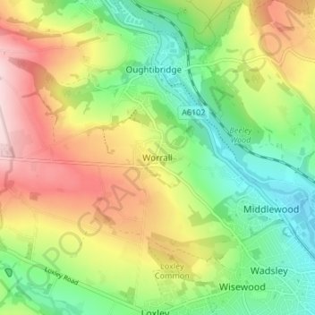 Mapa topográfico Worrall, altitud, relieve