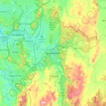 Mapa topográfico Queanbeyan, altitud, relieve