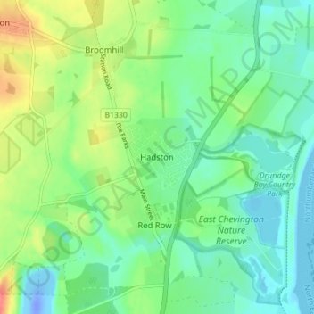 Mapa topográfico Hadston, altitud, relieve