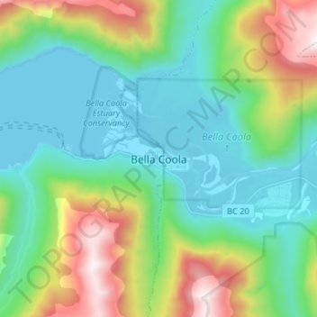 Mapa topográfico Bella Coola, altitud, relieve
