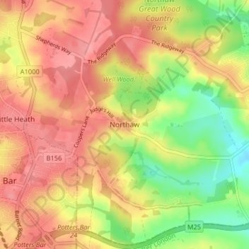 Mapa topográfico Northaw, altitud, relieve