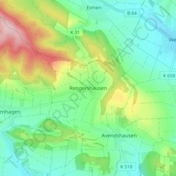 Mapa topográfico Rengershausen, altitud, relieve