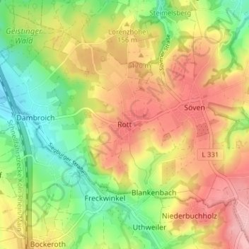 Mapa topográfico Rott, altitud, relieve