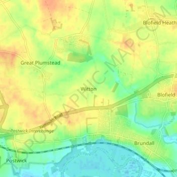Mapa topográfico Witton, altitud, relieve