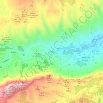 Mapa topográfico la Carroja, altitud, relieve
