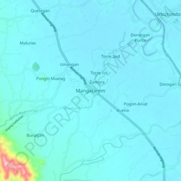 Mapa topográfico Mangatarem, altitud, relieve