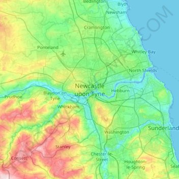 Mapa topográfico Newcastle upon Tyne, altitud, relieve
