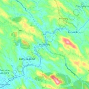 Mapa topográfico Manimala, altitud, relieve