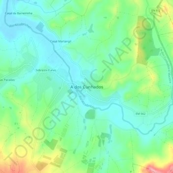 Mapa topográfico A dos Cunhados, altitud, relieve