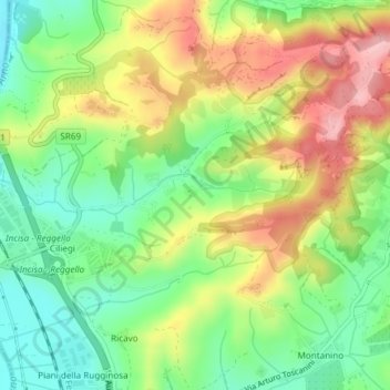 Mapa topográfico Gambassi, altitud, relieve