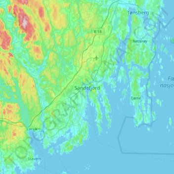 Mapa topográfico Sandefjord, altitud, relieve