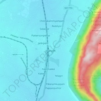 Mapa topográfico Jolarpet, altitud, relieve