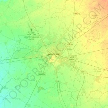 Mapa topográfico Amritsar, altitud, relieve
