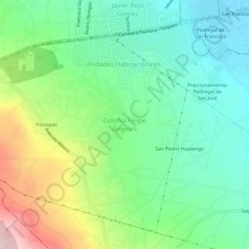 Mapa topográfico Colonia Felipe Ángeles, altitud, relieve