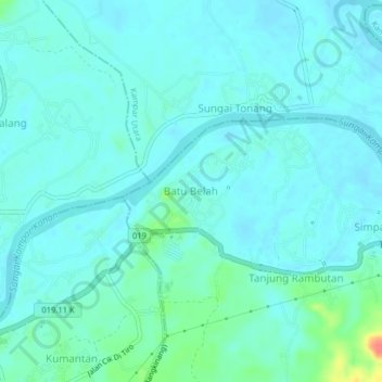Mapa topográfico Batu Belah, altitud, relieve