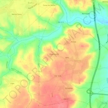 Mapa topográfico Espinheiro, altitud, relieve