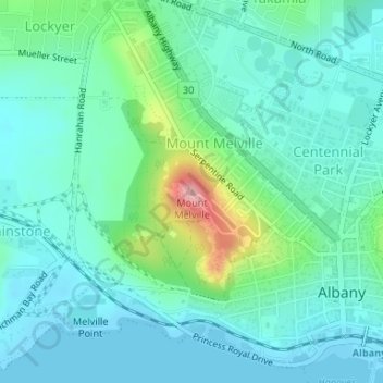 Mapa topográfico Mount Melville, altitud, relieve