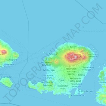 Mapa topográfico Lombok Utara, altitud, relieve