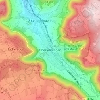 Mapa topográfico Oberlenningen, altitud, relieve