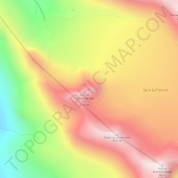 Mapa topográfico Vestre Tverrbottinden, altitud, relieve