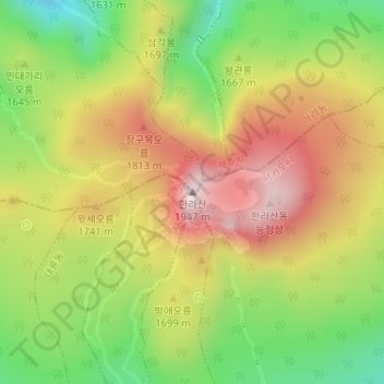 Mapa topográfico 한라산, altitud, relieve