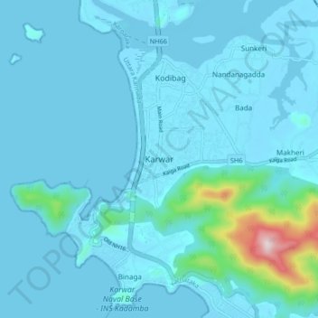 Mapa topográfico Karwar, altitud, relieve