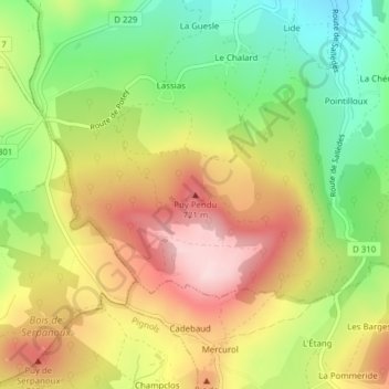 Mapa topográfico Puy Pendu, altitud, relieve