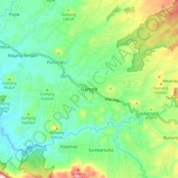 Mapa topográfico Dampit, altitud, relieve